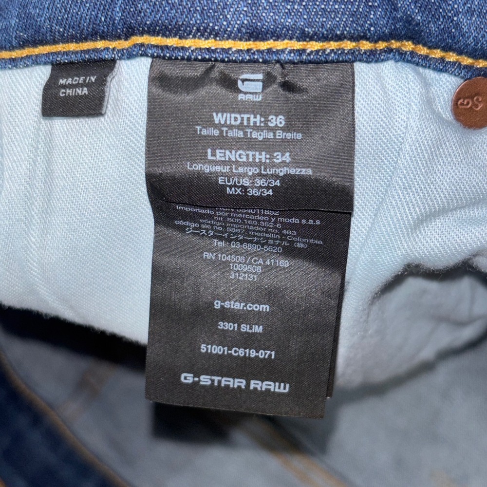 G-Star RAW 3301 Slim Jeans Mens 36x34 (Fit 36x32) Medium Wash Blue Denim Stretch - Picture 6 of 7